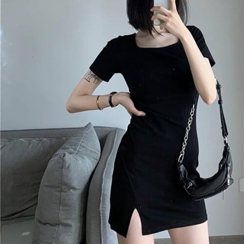 Summer Women Simple Elegant Casual One-piece Korean Black Square Collar Vestido Split Mini Bodycon Sexy Party Club A-line Dress