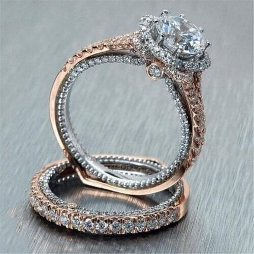 2pcs/lot Rose Gold and Silver Color Double Rings Set Engagement Cubic Zirconia Ring For Women Female Ladies Lover Party Wedding