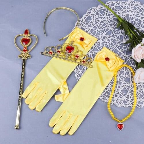 3/4 Kids Girls Princess Dress Up Costume Party Cosplay Costume Accessories Gold Gloves Tiara Wand with/without Necklace Outfit