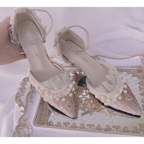 Lolita Elegance Shoe Pointed Toe High-heel 6cm Floral Wedding Pearl Star Moon Ornament Kawaii Tea Party Cosplay Anime Cute Shoes