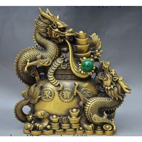 12" China FengShui Bronze Wealth 2 Dragon Play Ball Money Treasure Bowl Statue