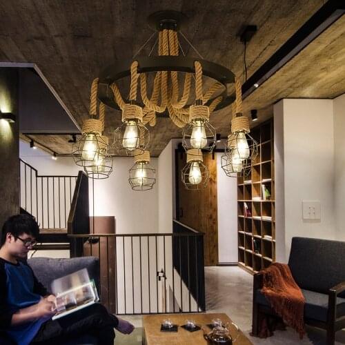 Industrial Style Chandelie Restaurant Bar Retro Bar Clothing Hot Pot Beauty Barbershop Ironwork Personality Hemp Rope Lamp