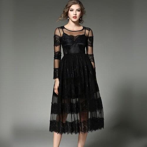 Summer Hollow-out Lace Women Casual Party Dresses O-Neck Sleeve A-line Elegant Perspective Sexy Female Long Black Dress Vestido