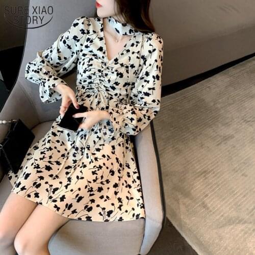 Fashion Women Chiffon Dress 2021 Spring New Korean Style Retro Floral Long Sleeve Chiffon Mini Dress Women Vestido 13075