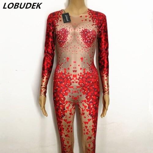 Men Women Nightclub Pole dancing Costumes Valentines Day Bar Dance Troupe DJ Performance Costume Red Printing Crystals Jumpsuit