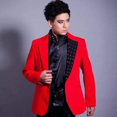 New Red Suit Nightclub Performance Costume Male Singer Jazz Dance Costume Rock Hip Hop Magician Host Costumes MenS Tide DWY2728