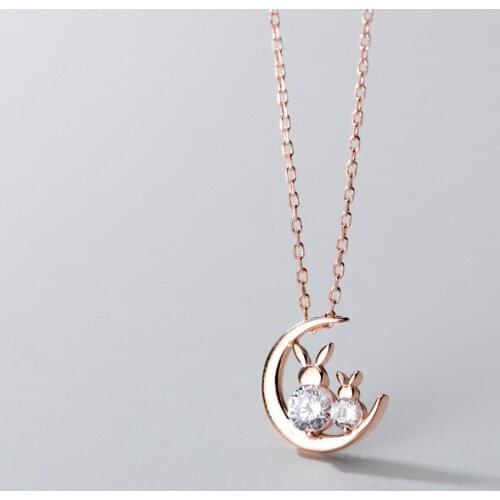 100% 925 Sterling Silver Cute Rabbit Hanging Moon Pendant Necklace For Girls Daughter Fashion Jewelry