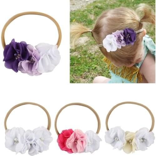ON SALE 1pcs 2018 New Mini Three sew on Flowers Pearl Rhinestone Soft Nylon Headbands For Girls Accessories