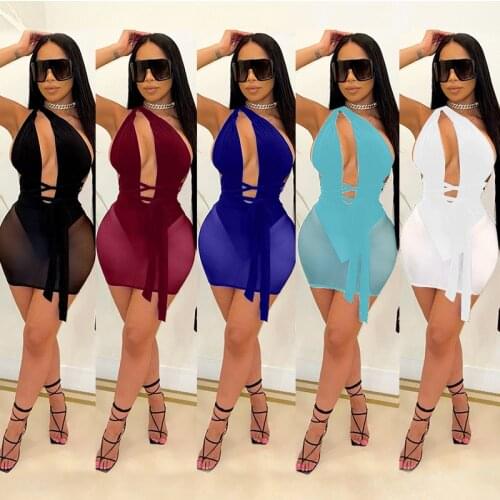 Sexy Women Dress Sheer Mesh One Shoulder Hollow Out See Through Bodycon Party Night Clubwear Clothes For Women Outfit