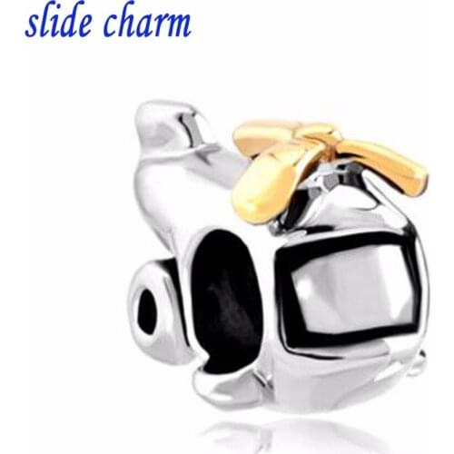 Slide charm Free shipping European new fashion small oar helicopter gilded spiral charm beads fit Pandora bracelet