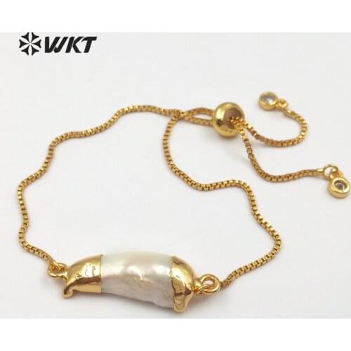 WT-B412 Natural Irregular Shape Freshwater Pearl With Gold Capped Bracelet Women Vintage Bracelet Size Can Adjustable