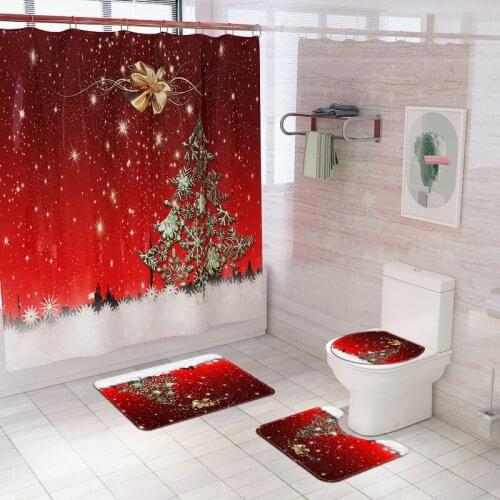 Christmas Tree Shower Curtains Snowflake Pattern Bath Mats Festival Decoration Bathroom Curtain Set Toilet Cover Anti-slip Rug