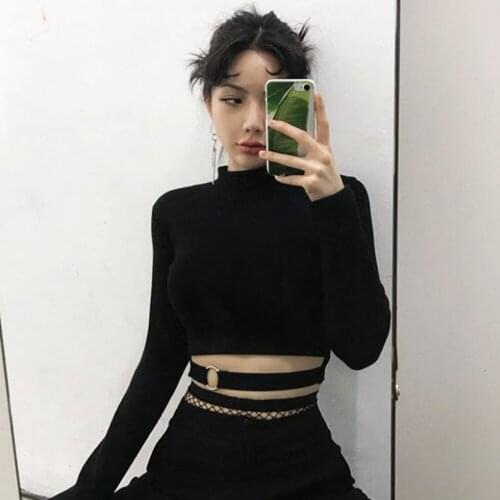 Women Slim Short T-shirt Sexy Tight Turtleneck Long Sleeve Pulloves Crop Top Solid Black Club Autumn Winter Streetwear Harajuku