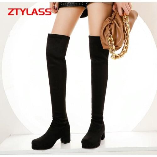 2021 Platform Over The Knee Boots Stretch Pu Leather Autumn Winter Women Boots Square Low Heel Long Boots Slip On Shoes