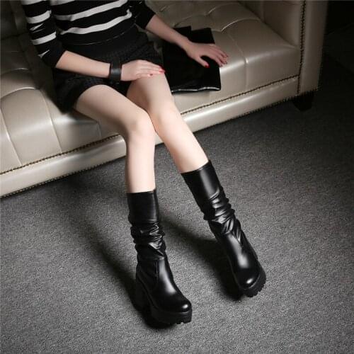 YQBTDL Spring Autumn 2020 Pleated Gothic Black Boots Square Heel High Heels Platform Boots Female White Mid Long Block Heel Shoe