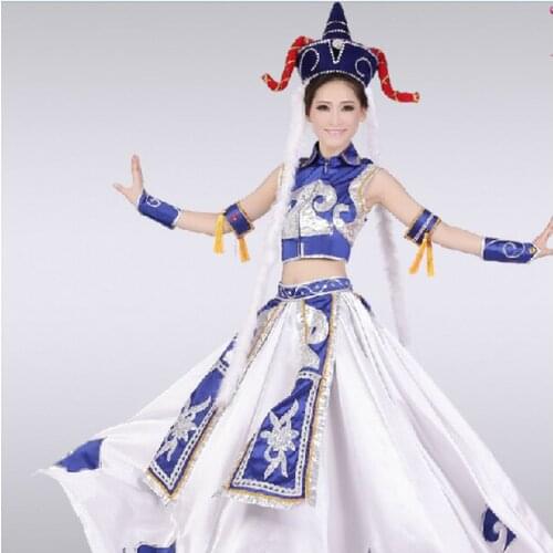 Blue Mongolian Dance Costumes Female Performance Wear Paillette Big Skirt Robe Women Nation Dancing Clothes with Hat 17