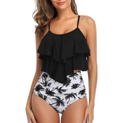 Swimsuit for Women Two Piece Double Flounce Top with High Waisted Ruched Bottom Set Swimwear Bathing Suit Plus Size Summer Swim