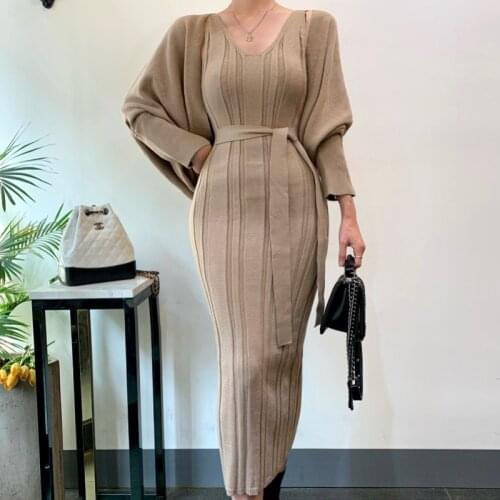 Chic Lantern Sleeve Knitted Sweater + Slim Waist V-neck Sleeveless Long Vest Dress Suit Women Solid Loose Jacket Spring Autumn
