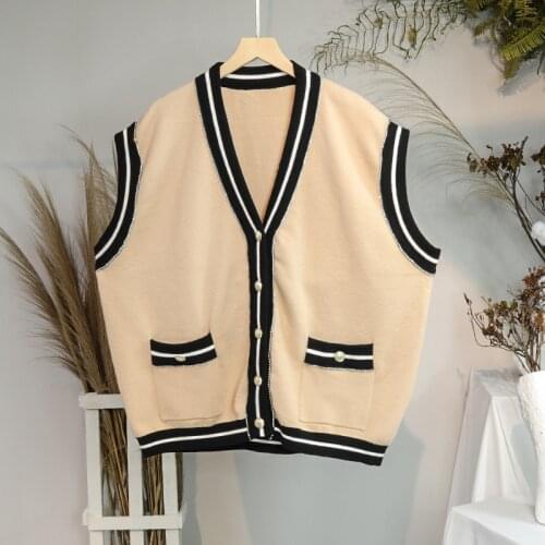 Womens knitted vest tank belt pearl loose office ladies sweater French brand V-neck elegant knitted cardigan