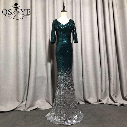 QSYYE Fading Green Evening Dress Silver Bottom Mermaid Prom Gown Elegant Sequin Party Dress 1/2 Long Sleeves Glitter Formal Gown