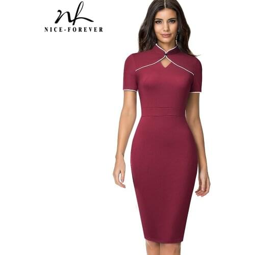 Nice-forever Summer Women Fashion Hollow Out Dresses Formal Business Party Slim Bodycon Vintage Dress B623