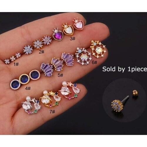 1piece Multicolor Helix Pinna Upper Lobe Ear Stud Piercing Stainless Steel with Zircon 20G