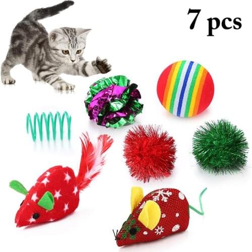 7pcs Cat Toy Interactive Cat Toys Play Ball Training Pet Supplies Spring Cat Teaser Little Mouse Realistic Mice for Christmas
