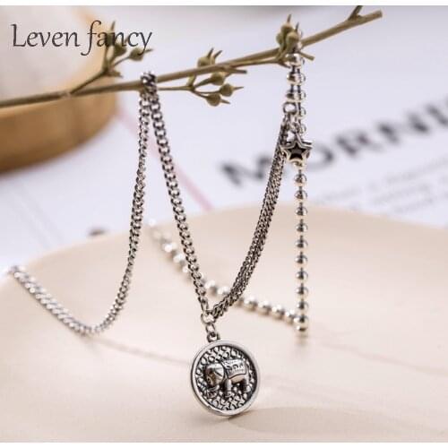Thai Silver Curb Ball Bead Chain Retro Round Medal Cute Good Luck Elephant Necklace Vintage 925 Sterling Silver Animal Jewelry