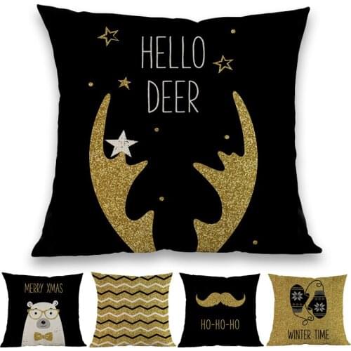 Black Gold Background Merry Christmas Greetings Deer Moustache Pattern Pillow Case Home Decoration Cushion Cover Holiday Gifts