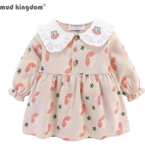 Mudkingdom Embroidery Floral Baby Girl Dresses Long Sleeve Lace Flower Collar Leaf Dress for Girl Clothes Spring Kids CLothing