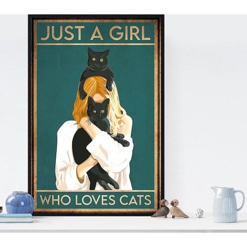 Home decor retro black cat lady fun canvas spirit edge poster just a girl who loves cats quote art print painting living room