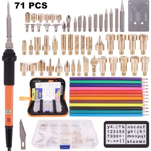 71pcs Wood Burning Kit Carving Pyrography Pen Kit 60W Adjustable Temperature Soldering Iron Welding Wood Embossing Burning Set