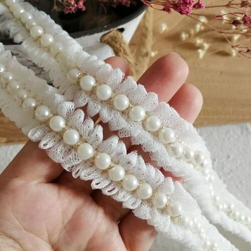 3Meters/lot 2cm wide white mesh ruffled lace trim with beads for DIY collar clothes hem head band accessories AC134