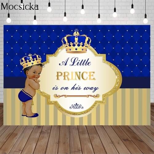 Mocsicka Prince Newborn Baby Shower Backdrop Crown Background Yellow and Blue Stripes Background Photography for Boy