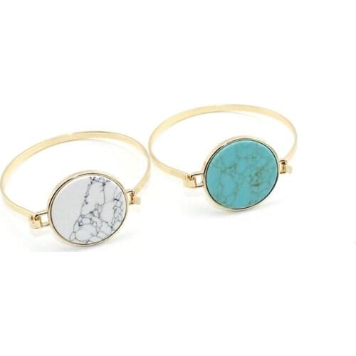 Fashion Big White and Blue Round Disc Marble Stone Charm Cuff Bangles for Women
