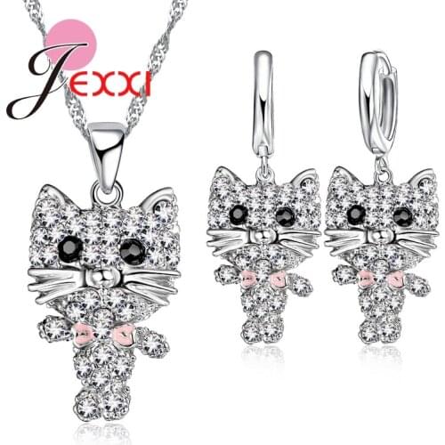 Lovely Cubic Zirconia Cute African AAA Cat Collier Necklace 925 Sterling Silver Drop Earrings Sets Party Anniversary Jewelry