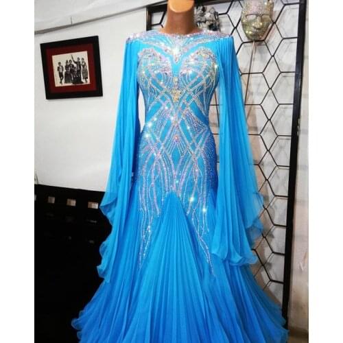 GOODANPAR new Modern Competition Waltz Tango Ballroom Dance Dress Standard Girls Women bule Crumple Sexy Dress