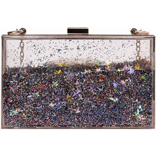 Transparent rectangular acrylic woman party bag double - sided liquid hand bag mini purse clear glitter star lady evening bag