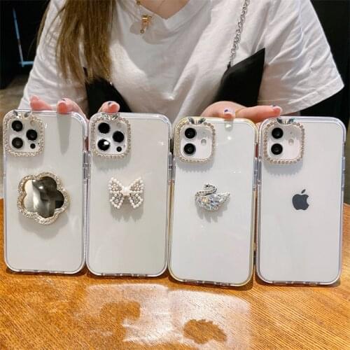 Luxury Diamond Swan Flower Mirror Holder Phone Cases For iPhone 12 mini 11 Pro Max SE 2020 X XR XS Max 7 8 Plus Soft Clear Cover