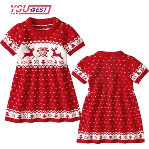 Christmas Cartoon Deer Dress Winter Knitted Girl Dress Party Short Sleev Children Clothes Kids Dresses Girls New Year Clothing