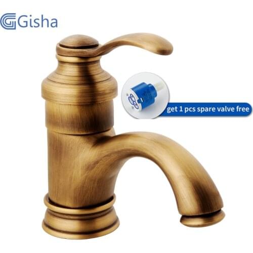 Gisha Basin Faucets Antique Brass Bathroom Faucet Sink Mixer Hot And Cold Water Tap Deck Mounted Single Handle Single Hole Taps