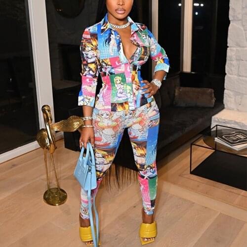 Cartoon Printed Tracksuit 2 Pieces Sets Turn Down Collar Long Sleeve Shirt & Skinny Bodycon Pants Sets