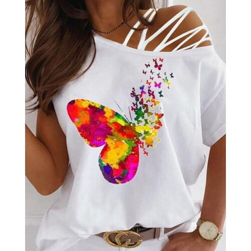 Sexy Hollow Out Shoulder Butterfly Print Cartoon T-shirt Summer Women Short Sleeve Casual White Pullover Top Elegant Ladies Tees