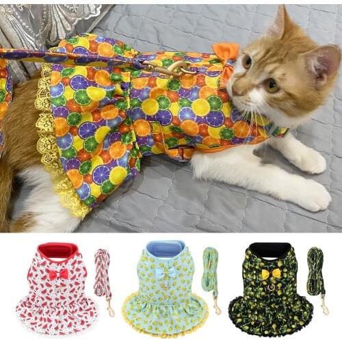 Cute Printed Cat Kitten Harness Leash Set Nylon Small Dogs Puppy Harness Vest Leashes Breathable Bowknot Cat Clothes Dress