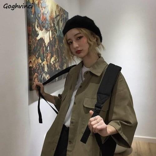 Women Shirts Summer Solid Half-sleeve Safari Style Harajuku BF Street Wear Oversize Chic Stylish Womens Unisex Couples Vintage