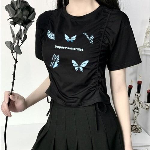 2021 Summer Women dark black Crop Top gothic sexy Butterfly Pattern Short Sleeve Round Neck Side Drawstring T-shirt Goth