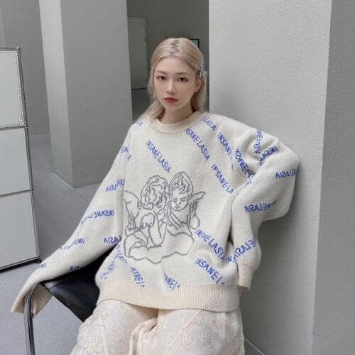 Oversized Streetwear Angel Pattern WomenS Sweater Lazy Pullover New Korean version Round Neck Fashion Sweater Women 2021 spring