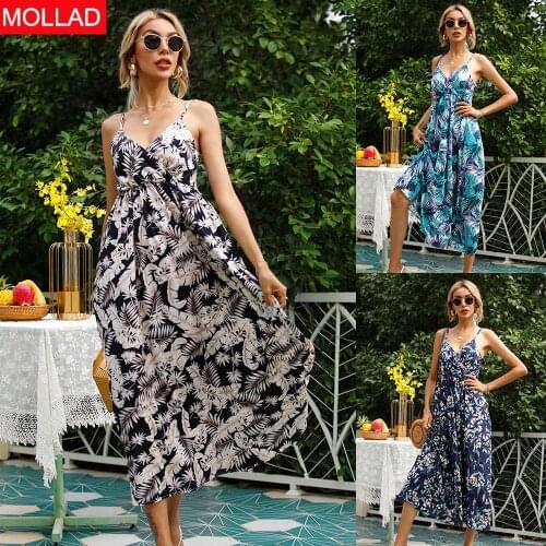 2021 Summer European and American Womens Clothing Printed V-neck Brace Dress Floral Summer Women Dresses