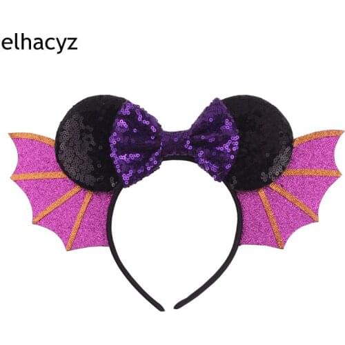 1PC New Hallowen Bat Wings Hairband For Girls Women Festival Cartoon Mouse Ears Headband Sequin Bow Headwear Hair Accessories