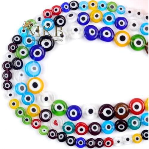 6 810mm Multicolor Round Evil Eye Beads Lampwork Glazed Glass Flat Shape Beads For Jewelry Making DIY Bracelet Necklace 15inches